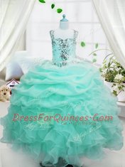 Elegant Pick Ups Floor Length Baby Blue Toddler Flower Girl Dress Straps Sleeveless Lace Up