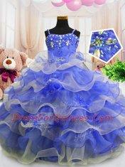 Sumptuous Ruffled Spaghetti Straps Sleeveless Zipper Little Girls Pageant Dress Blue Organza