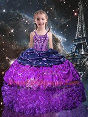 Suitable Eggplant Purple Ball Gowns Spaghetti Straps Sleeveless Organza Floor Length Lace Up Beading and Ruffles and Pick Ups Toddler Flower Girl Dress