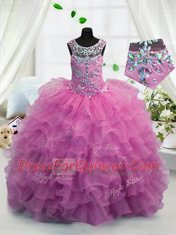 High End Fuchsia Scoop Neckline Beading and Ruffled Layers Little Girls Pageant Gowns Sleeveless Lace Up