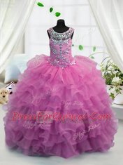 High End Fuchsia Scoop Neckline Beading and Ruffled Layers Little Girls Pageant Gowns Sleeveless Lace Up