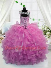 High End Fuchsia Scoop Neckline Beading and Ruffled Layers Little Girls Pageant Gowns Sleeveless Lace Up