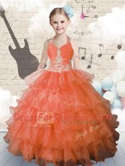 Colorful Orange Flower Girl Dress Party and Wedding Party and For with Beading and Ruffled Layers Halter Top Sleeveless Lace Up
