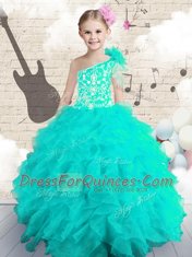 One Shoulder Sleeveless Lace Up Kids Pageant Dress Aqua Blue Organza