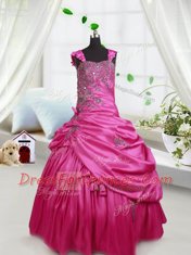 Pick Ups Floor Length Hot Pink Flower Girl Dress Straps Sleeveless Lace Up