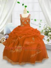Eye-catching Sleeveless Floor Length Beading and Pick Ups Lace Up Flower Girl Dresses for Less with Orange