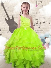Captivating Yellow Green Ball Gowns Organza One Shoulder Sleeveless Beading and Ruffles Floor Length Lace Up Pageant Gowns For Girls