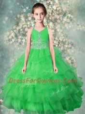 Halter Top Ruffled Green Sleeveless Organza Zipper Girls Pageant Dresses for Party and Wedding Party