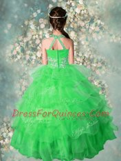 Halter Top Ruffled Green Sleeveless Organza Zipper Girls Pageant Dresses for Party and Wedding Party