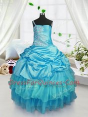 Delicate Floor Length Lace Up Pageant Gowns For Girls Aqua Blue for Military Ball and Sweet 16 and Quinceanera with Pick Ups