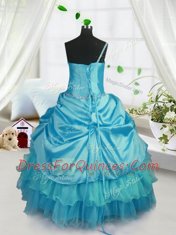 Delicate Floor Length Lace Up Pageant Gowns For Girls Aqua Blue for Military Ball and Sweet 16 and Quinceanera with Pick Ups
