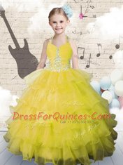 Fashionable Halter Top Yellow Green Organza Lace Up Kids Pageant Dress Sleeveless Floor Length Beading and Ruffled Layers