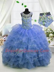 Scoop Sleeveless Organza Floor Length Lace Up Little Girl Pageant Gowns in Light Blue with Beading and Ruffled Layers