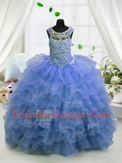 Scoop Sleeveless Organza Floor Length Lace Up Little Girl Pageant Gowns in Light Blue with Beading and Ruffled Layers
