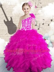 Romantic One Shoulder Sleeveless Organza Floor Length Lace Up Little Girls Pageant Dress Wholesale in Hot Pink with Embroidery and Ruffles and Hand Made Flower