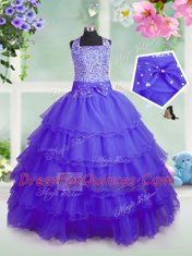 Suitable Square Sleeveless Little Girl Pageant Gowns Floor Length Beading and Ruffled Layers Purple Organza