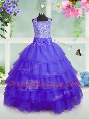 Suitable Square Sleeveless Little Girl Pageant Gowns Floor Length Beading and Ruffled Layers Purple Organza