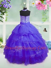 Suitable Square Sleeveless Little Girl Pageant Gowns Floor Length Beading and Ruffled Layers Purple Organza