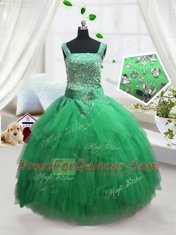 Tulle Straps Sleeveless Lace Up Beading and Ruffles Little Girls Pageant Dress Wholesale in Turquoise