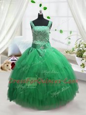 Tulle Straps Sleeveless Lace Up Beading and Ruffles Little Girls Pageant Dress Wholesale in Turquoise