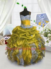 Elegant Gold Spaghetti Straps Neckline Beading and Ruffles and Pick Ups Flower Girl Dresses Sleeveless Lace Up