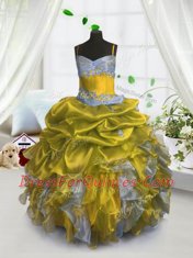 Elegant Gold Spaghetti Straps Neckline Beading and Ruffles and Pick Ups Flower Girl Dresses Sleeveless Lace Up