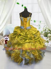 Elegant Gold Spaghetti Straps Neckline Beading and Ruffles and Pick Ups Flower Girl Dresses Sleeveless Lace Up