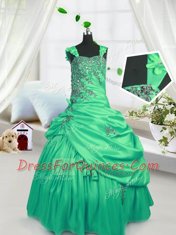 Sleeveless Floor Length Beading and Pick Ups Lace Up Little Girls Pageant Dress with Green