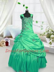 Sleeveless Floor Length Beading and Pick Ups Lace Up Little Girls Pageant Dress with Green