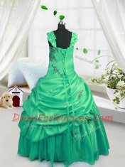 Sleeveless Floor Length Beading and Pick Ups Lace Up Little Girls Pageant Dress with Green