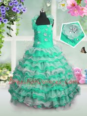 Green Sleeveless Beading and Appliques and Ruffled Layers Floor Length Little Girls Pageant Dress Wholesale