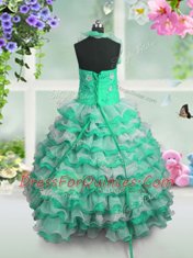 Green Sleeveless Beading and Appliques and Ruffled Layers Floor Length Little Girls Pageant Dress Wholesale
