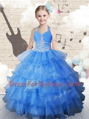 Halter Top Sleeveless Organza Floor Length Lace Up Girls Pageant Dresses in Light Blue with Beading and Ruffled Layers