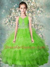 Custom Made Apple Green Zipper Halter Top Beading and Ruffled Layers Little Girl Pageant Gowns Organza Sleeveless