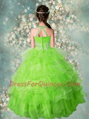Custom Made Apple Green Zipper Halter Top Beading and Ruffled Layers Little Girl Pageant Gowns Organza Sleeveless