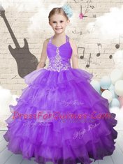 Halter Top Ruffled Lavender Sleeveless Organza Lace Up Little Girl Pageant Dress for Party and Wedding Party