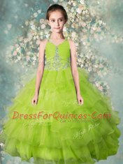 Halter Top Yellow Green Sleeveless Beading and Ruffled Layers Floor Length Girls Pageant Dresses