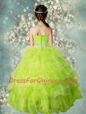 Halter Top Yellow Green Sleeveless Beading and Ruffled Layers Floor Length Girls Pageant Dresses