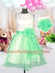 Scoop Knee Length Zipper Toddler Flower Girl Dress Apple Green for Military Ball and Sweet 16 and Quinceanera with Hand Made Flower