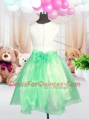 Scoop Knee Length Zipper Toddler Flower Girl Dress Apple Green for Military Ball and Sweet 16 and Quinceanera with Hand Made Flower