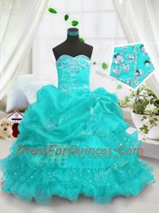 Flirting Aqua Blue Organza Lace Up Sweetheart Sleeveless Floor Length Flower Girl Dress Beading and Ruffled Layers and Pick Ups
