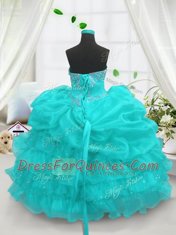 Flirting Aqua Blue Organza Lace Up Sweetheart Sleeveless Floor Length Flower Girl Dress Beading and Ruffled Layers and Pick Ups
