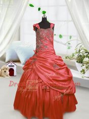 Custom Made Satin Straps Sleeveless Lace Up Beading and Pick Ups Little Girls Pageant Dress Wholesale in Watermelon Red
