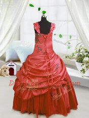 Custom Made Satin Straps Sleeveless Lace Up Beading and Pick Ups Little Girls Pageant Dress Wholesale in Watermelon Red