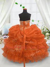 Nice Sleeveless Organza Floor Length Lace Up Kids Pageant Dress in Orange with Beading and Ruffled Layers and Pick Ups