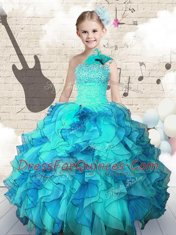 Organza One Shoulder Sleeveless Lace Up Beading and Ruffles Little Girls Pageant Dress Wholesale in Aqua Blue