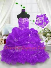 Nice Purple Ball Gowns Sweetheart Sleeveless Organza Floor Length Lace Up Beading and Ruffled Layers and Pick Ups Flower Girl Dresses
