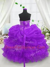 Nice Purple Ball Gowns Sweetheart Sleeveless Organza Floor Length Lace Up Beading and Ruffled Layers and Pick Ups Flower Girl Dresses