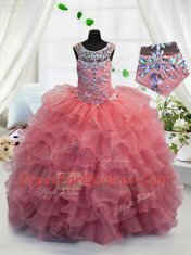 Scoop Coral Red Ball Gowns Beading and Ruffled Layers Flower Girl Dress Lace Up Organza Sleeveless Floor Length