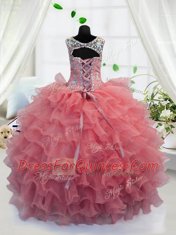 Scoop Coral Red Ball Gowns Beading and Ruffled Layers Flower Girl Dress Lace Up Organza Sleeveless Floor Length